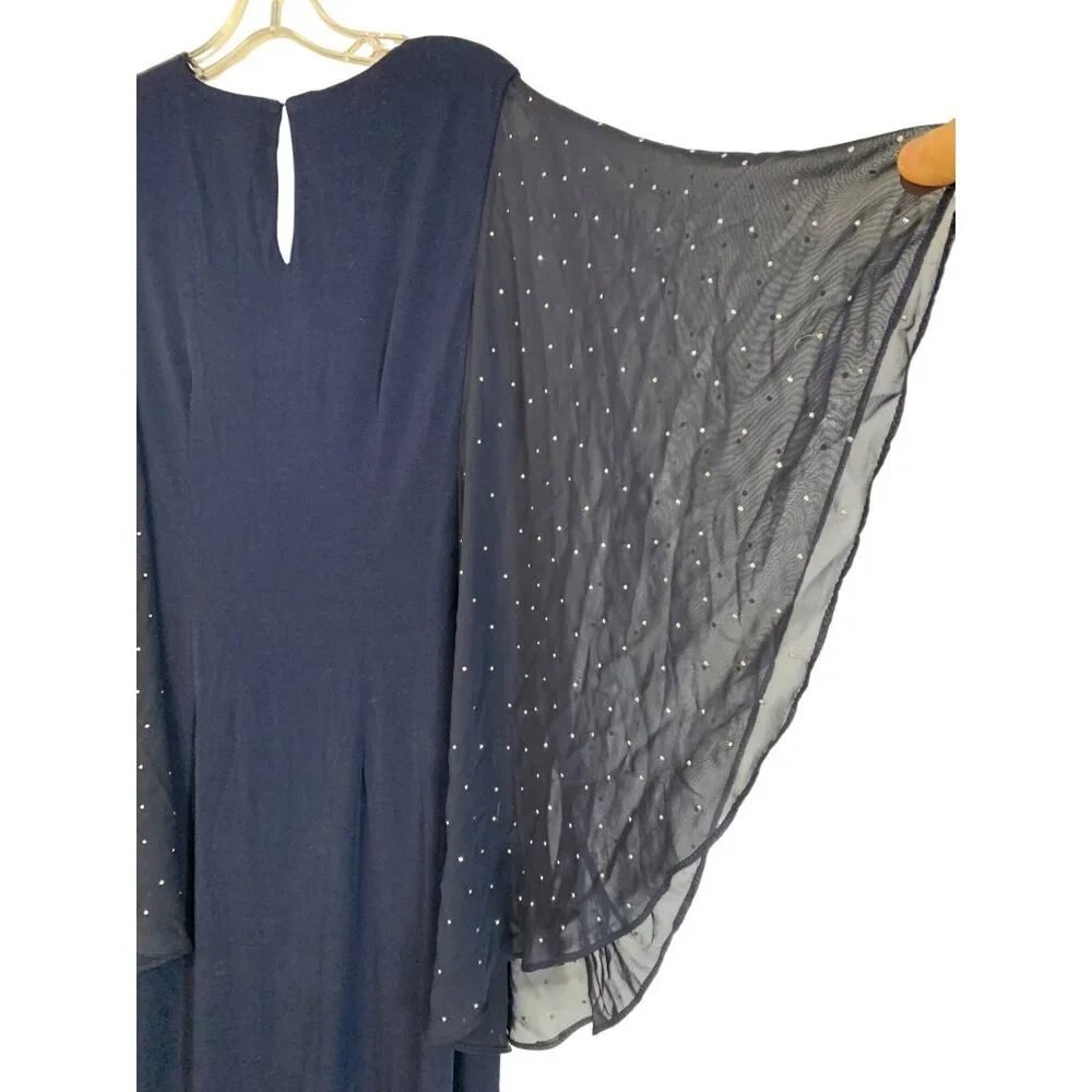 New Glamour Navy Formal Gown Sheer Bead Flutter Sleeves Size 14 - Picture 5 of 8